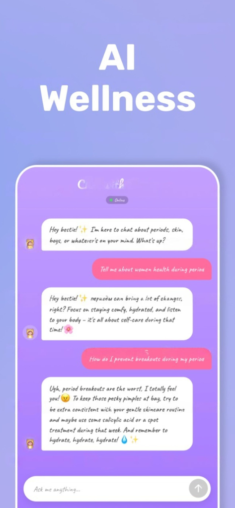 Poppy - AI Period Tracker - Poppy AI wellness companion chat screen offering personalized health and skincare advice for menstrual cycles