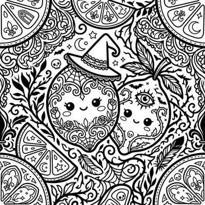 Explore a delightfully unconventional blend of cute and eerie with our Kawaii Gothic Lemons coloring page. This intricate design features adorable lemons adorned with witchy elements amidst a backdrop of ornate Victorian-inspired patterns, perfect for a unique coloring escape.