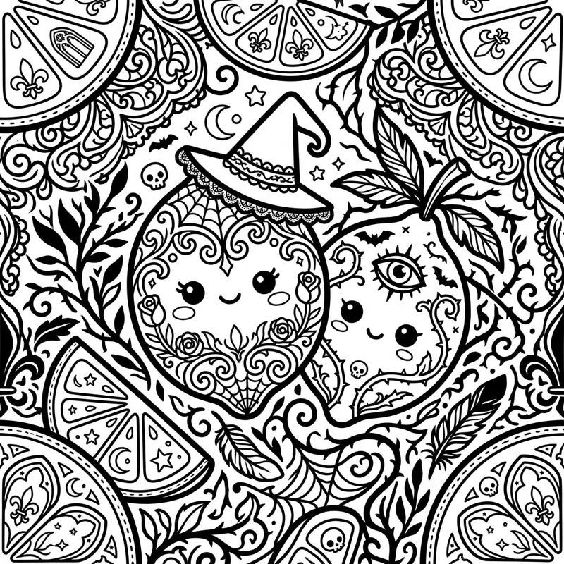 Explore a delightfully unconventional blend of cute and eerie with our Kawaii Gothic Lemons coloring page. This intricate design features adorable lemons adorned with witchy elements amidst a backdrop of ornate Victorian-inspired patterns, perfect for a unique coloring escape.