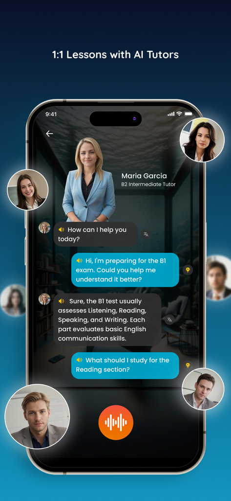 Pantalla de un teléfono inteligente que muestra una interfaz de chat para aprender inglés con un tutor de IA