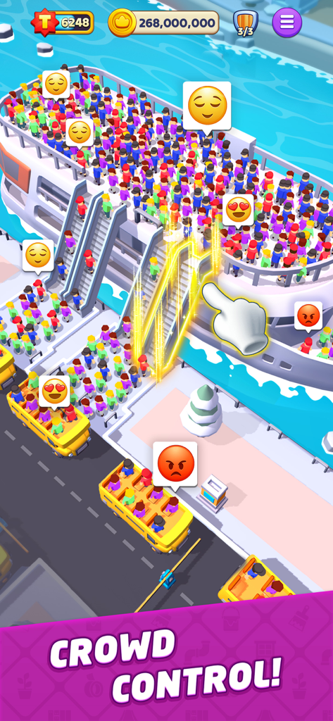 Gameplay screenshot of Top Tycoon showing crowd control mechanics with characters boarding a cruise ship