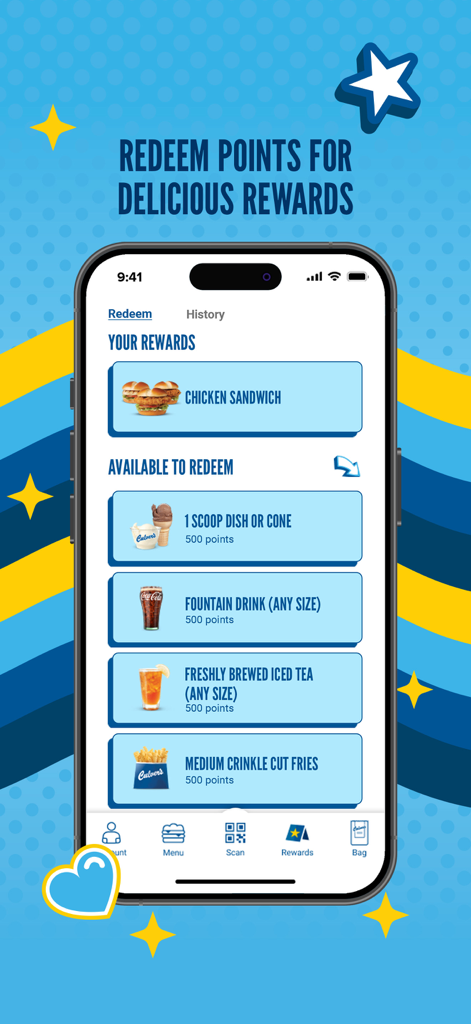 A mobile app interface for redeeming Culver's loyalty points for free food and custard.