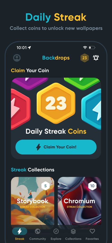 Ein Screenshot der Backdrops-App, der die 'Daily Streak'-Oberfläche mit Optionen zum Einlösen von Münzen und zum Anzeigen von Streak-Wallpaper-Sammlungen zeigt.