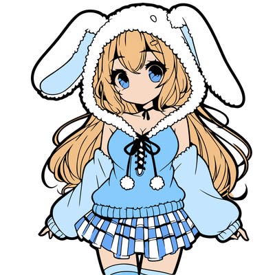 pretty anime girl wearing a fluffy hoodie with bunny ears on the hood and a skirt
