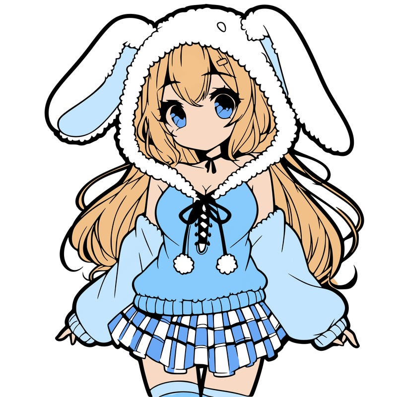 pretty anime girl wearing a fluffy hoodie with bunny ears on the hood and a skirt