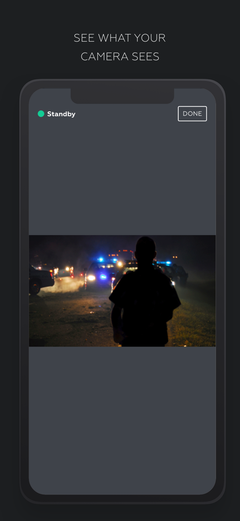 Axon View app interface showing a live video feed from a police body camera