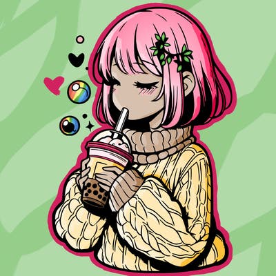 manga girl drinking boba in cozy sweater