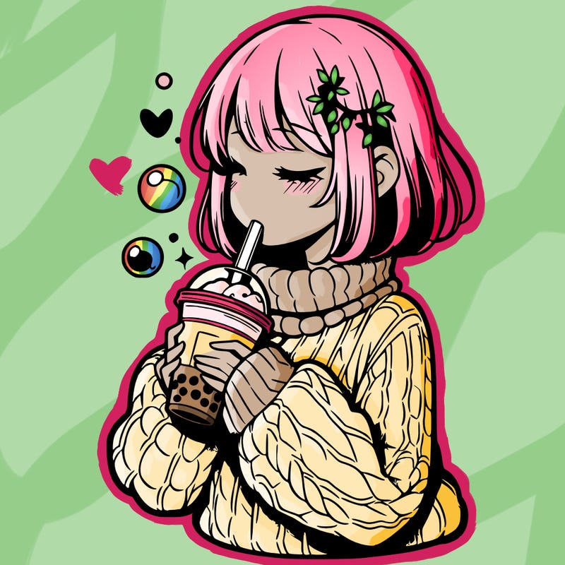 manga girl drinking boba in cozy sweater