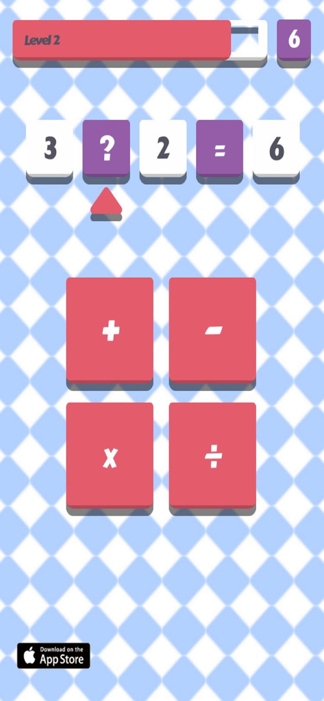 Maths Genius ! - Gameplay screen of Maths Genius showing a math puzzle where the user must select the correct operator to complete the equation 3 times 2 equals 6.