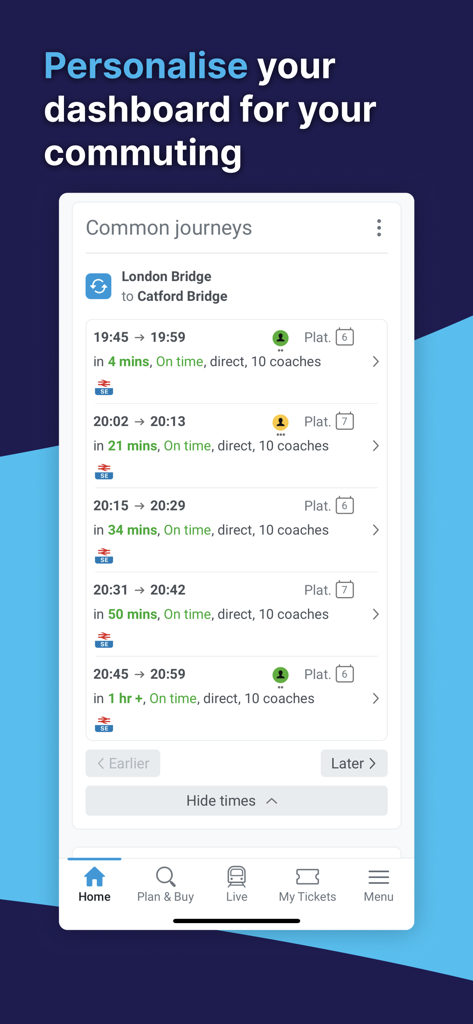 Southeastern: Train tickets - Southeastern 기차표 앱 내 개인 맞춤형 통근 대시보드, 실시간 여정 업데이트 표시
