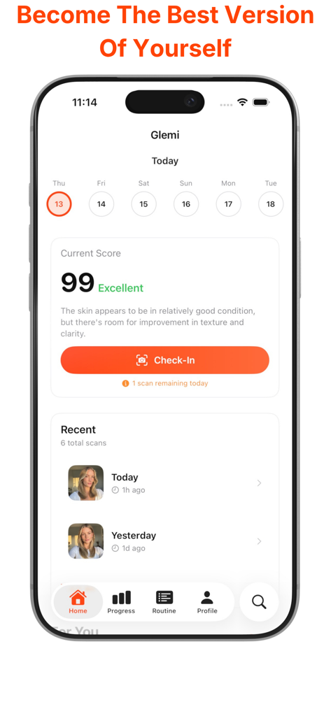 Home screen of the Glemi app displaying a skin health score and recent face scans