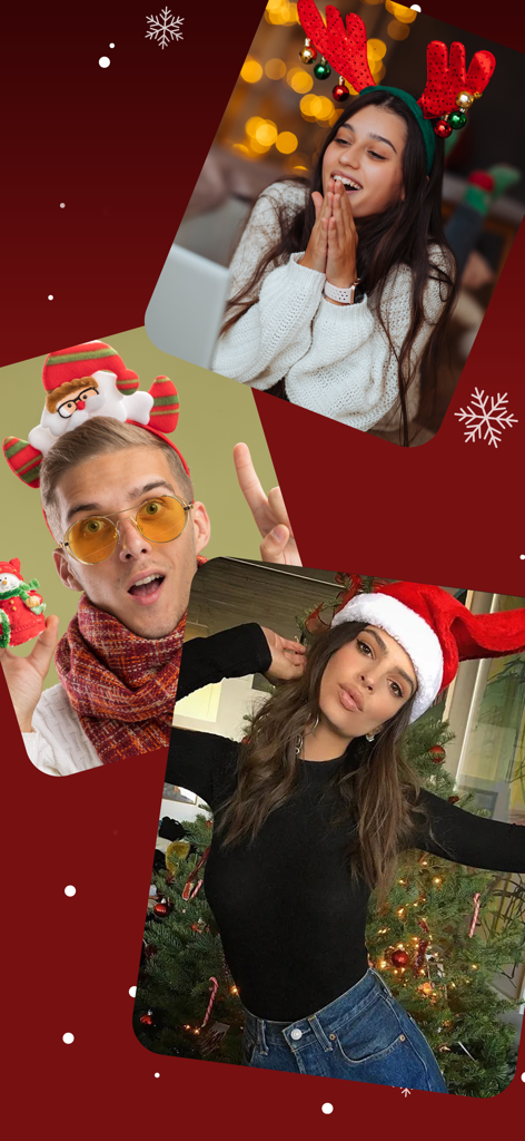 Friends in festive Christmas outfits using the Minu app for a holiday watch party.