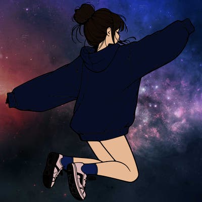 realistic girl jumping with a bun and oversized sweatshirt
