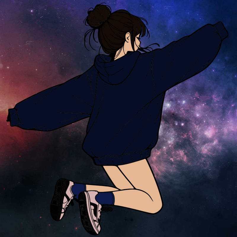 realistic girl jumping with a bun and oversized sweatshirt