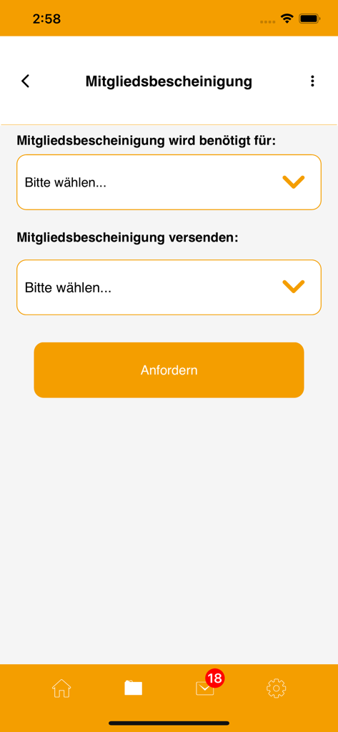 BKK firmus app screen for requesting a health insurance membership certificate with dropdown selection menus.