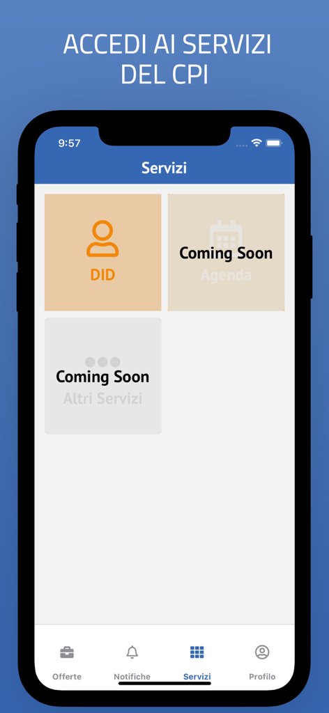 Lavoro per te Calabria - Interfaz de la aplicación móvil para servicios de empleo de Calabria que muestra opciones para DID y próximas funciones de agenda