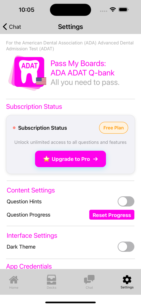Menu delle impostazioni dell'app ADA ADAT Q-Bank che mostra lo stato dell'abbonamento e le opzioni dell'interfaccia.