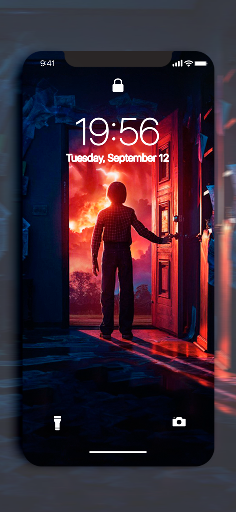 Sfondo HD di Stranger Things sulla schermata di blocco di un iPhone che mostra un personaggio che guarda il Sottosopra.