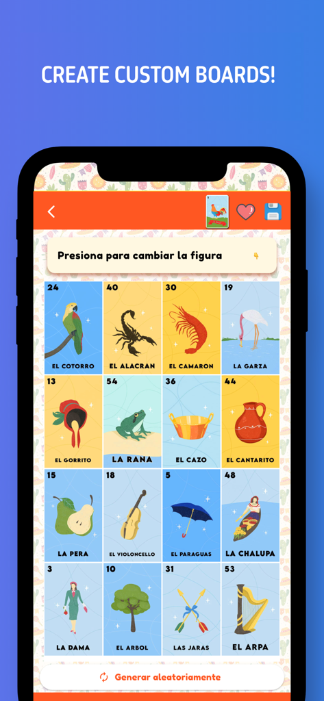 Online Mexican Lottery - Interface of the Online Mexican Lottery app showing the board customization feature with traditional loteria cards.
