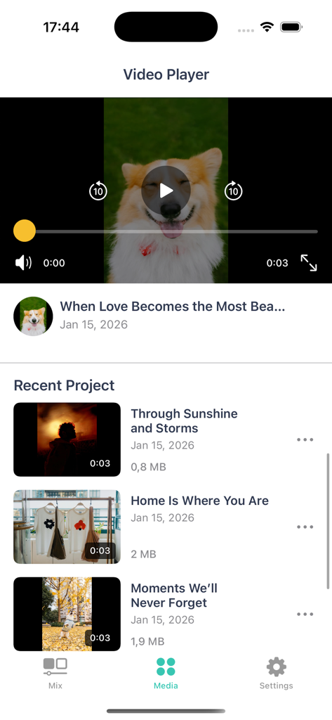 Joytify - Music and Video - Tela do aplicativo Joytify mostrando um player de vídeo reproduzindo um vídeo de cachorro e uma lista da biblioteca de projetos de vídeo recentes