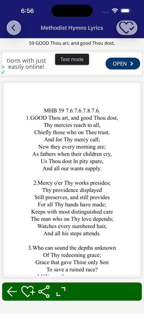 A mobile screen showing the lyrics for a Methodist hymn with navigation and sharing tools