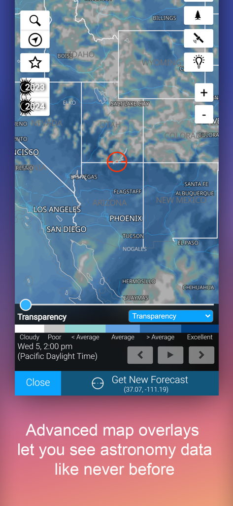 A map of the United States in the Astrospheric app showing transparency data overlay