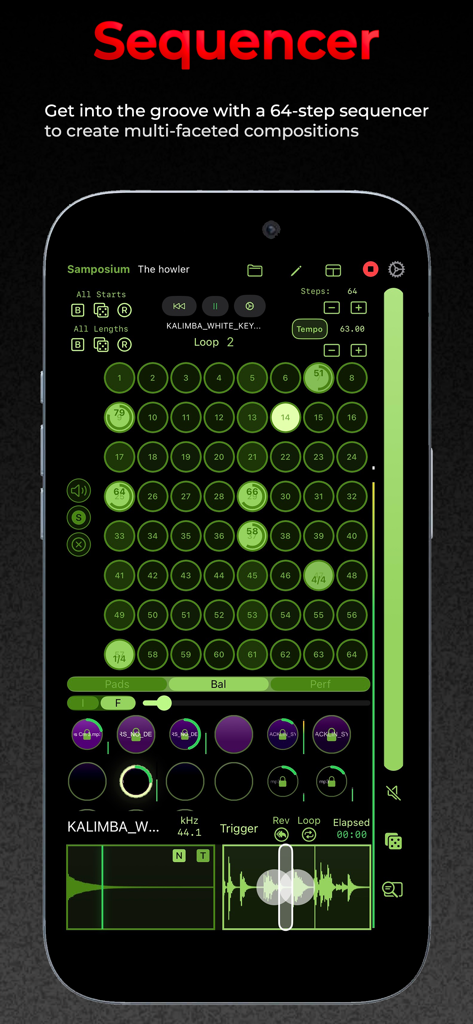 Samposium: Performance Sampler - A 64-step sequencer interface in the Samposium mobile music production app showing a grid of green sample pads and audio waveforms.