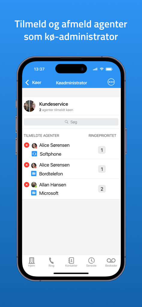 Myfone app screen showing the queue administrator dashboard with a list of registered agents and their call priorities.