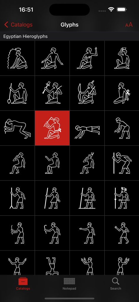 Unicode Pad Pro with keyboards - A grid of white Egyptian hieroglyph symbols on a dark background within the Unicode Pad Pro app interface.