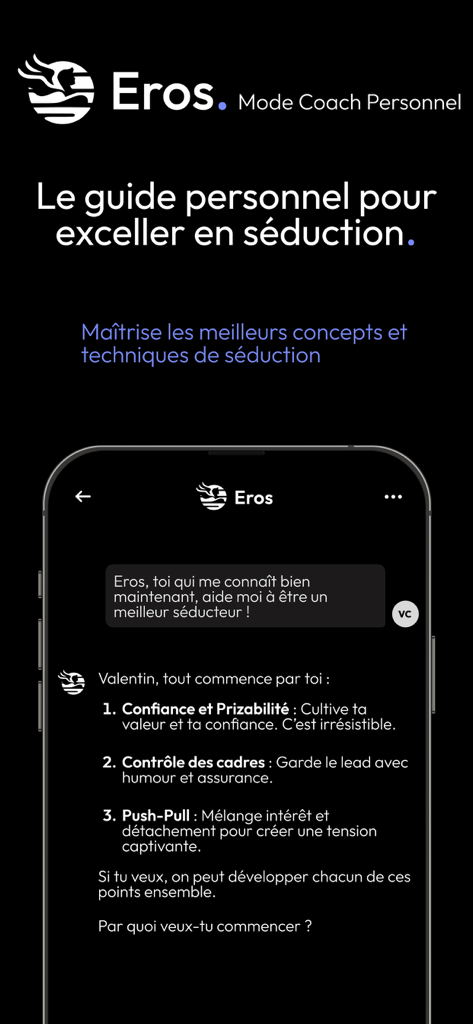 Eros AI - Interfaz de la aplicación Eros AI que muestra una conversación de chat con un coach de seducción personal dando consejos de citas