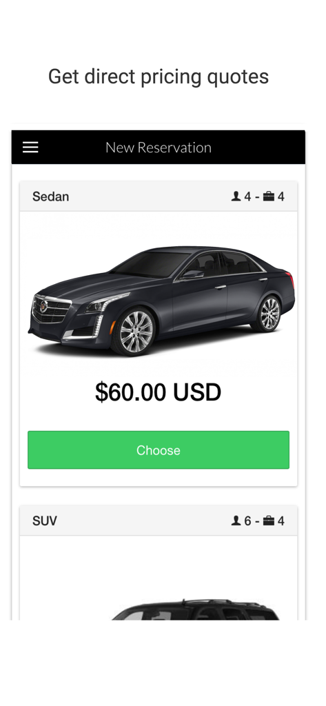 Interface do aplicativo Agendar Viagens Passageiro mostrando preços de sedãs de luxo e seleção de reservas.