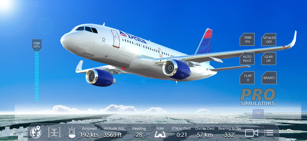 Schermata di gioco di New York Flight Simulator Pro che mostra un jet commerciale volare sopra la città con controlli di volo e strumentazione