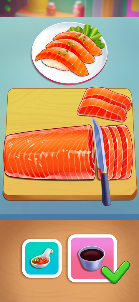 Happy Cooking : Cooking Game - Slicing fresh salmon on a cutting board to prepare sushi in the Happy Cooking mobile game