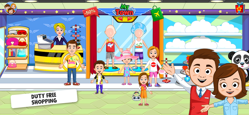 My Town : Airport - Personajes explorando una tienda libre de impuestos en el juego My Town: Aeropuerto