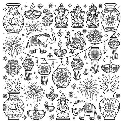 Dive into the festive spirit of Diwali with this enchanting coloring page, showcasing a rich tapestry of traditional decorative accents. From majestic elephants to glowing diyas, each element is waiting for your creative touch to bring it to life.