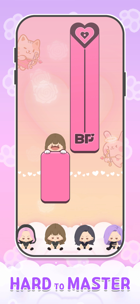 Meow Tiles: Kpop & Cats Piano! - Gameplay of Meow Tiles featuring K-pop inspired characters and pink piano tiles.
