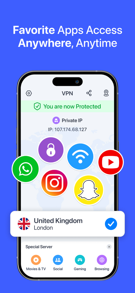VPN for iPhone app interface showing a secure connection to a United Kingdom server for accessing favorite apps anywhere
