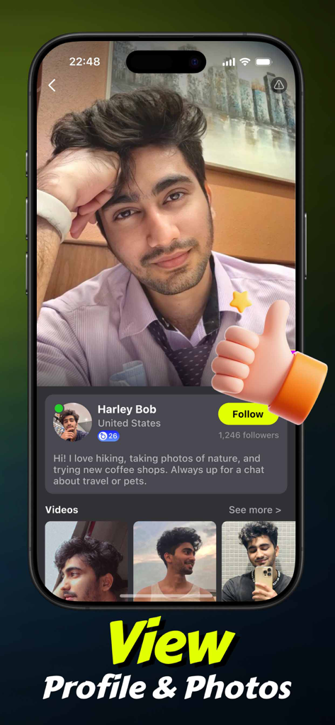 Candy: Video Chat, Meet Friend - A user profile screen on the Candy video chat app showing a person's photo, bio, and video gallery.