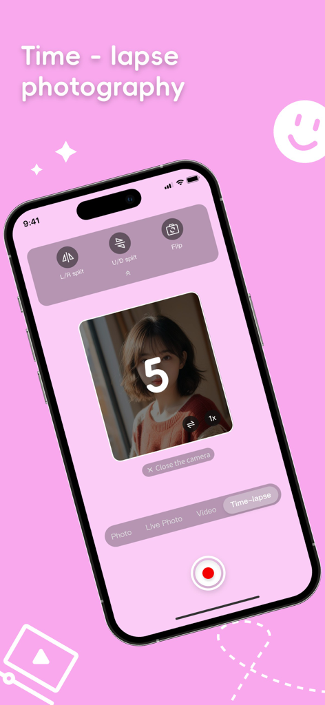GlowCamera Selfie Light Camera - iPhone che visualizza l'interfaccia dell'app GlowCamera con modalità di fotografia time lapse e un conto alla rovescia per i selfie