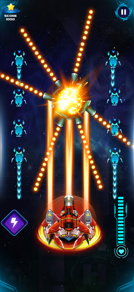Orbital Strike Space Shooter - Red spaceship firing lasers at alien enemies in Orbital Strike Space Shooter mobile game.