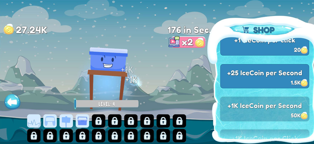 Cool As Ice Idle World Clicker - A screenshot of the Cool As Ice Idle World Clicker mobile game showing the upgrade shop menu and a blue cooler character in a snowy landscape.