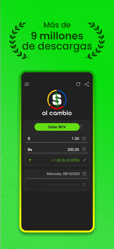 Interface de l'application Al Cambio montrant le taux de change officiel du dollar BCV pour le Venezuela