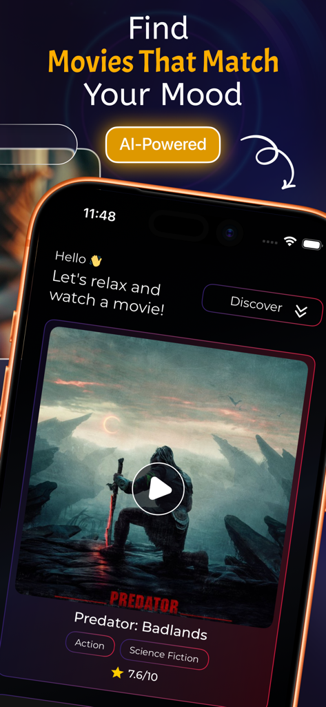 OnStream : TV shows & Movies - OnStream mobile app interface featuring AI-powered movie recommendations based on user mood