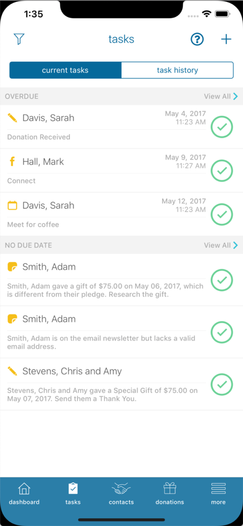 MPDX - MPDX mobile app interface displaying current tasks and donor management activities for missionaries