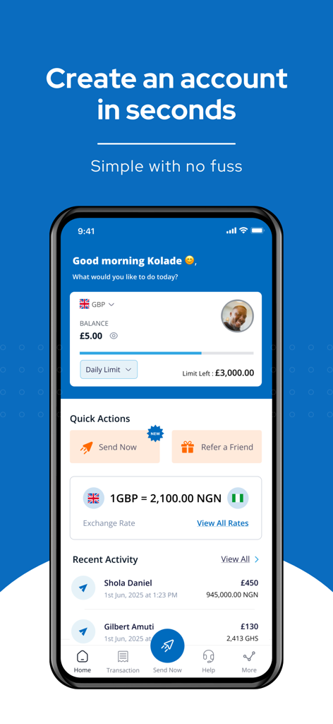 VeloRemit - VeloRemit mobile app home screen showing account balance exchange rates and recent activity for money transfers