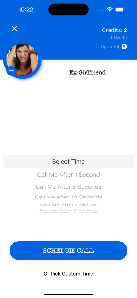 Who's Calling Prank Phone Call - Interfaz para programar una llamada falsa de broma de una exnovia con varias opciones de retraso