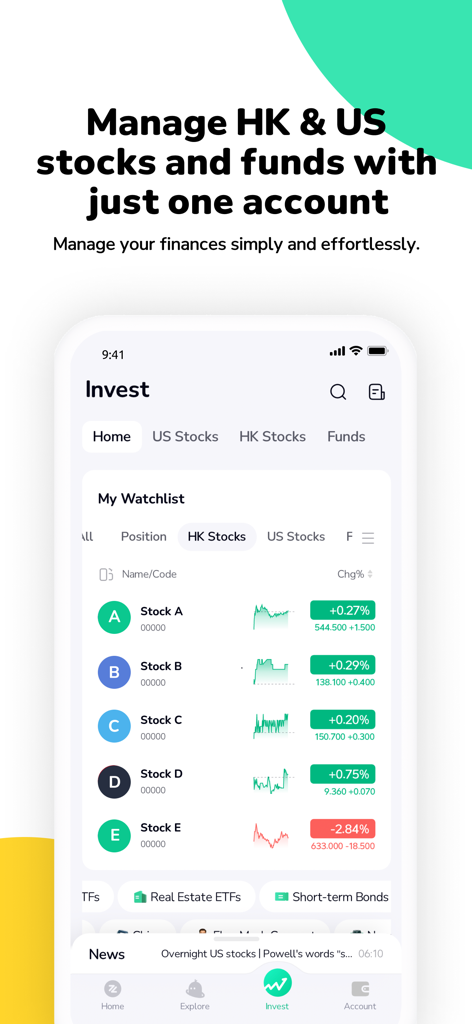 ZA Bank - ZA Bank Mobile App Investitionsbildschirm mit Watchlist für HK- und US-Aktien