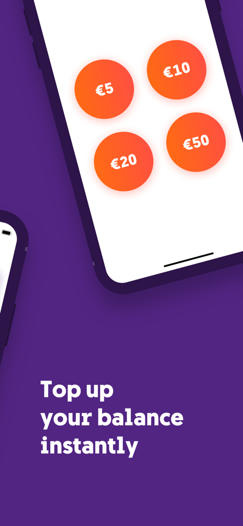 Mobile screen of GO App showing options to top up balance with Euro amounts