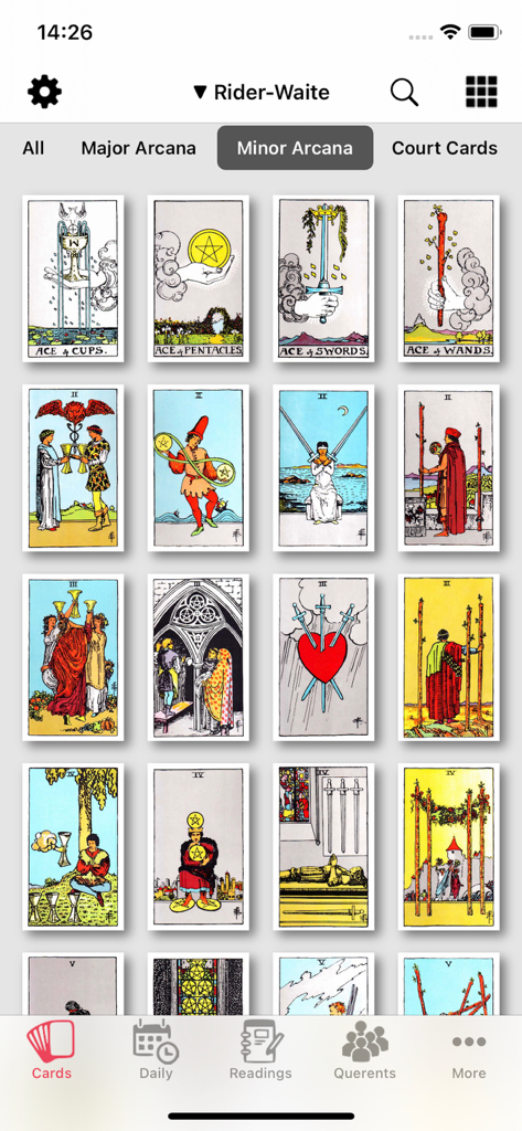 Tarot Journal - Tarot Journal app screen displaying a grid of Minor Arcana cards from the Rider Waite deck