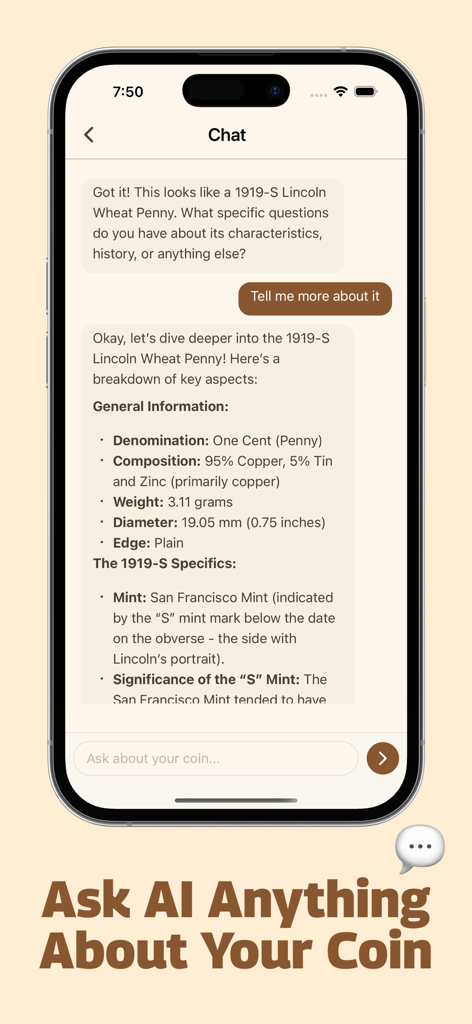Rare Coin Identifier - Coin AI - Chatbot de IA en la aplicación Coin AI proporcionando especificaciones históricas y técnicas detalladas para un centavo de trigo Lincoln de 1919-S